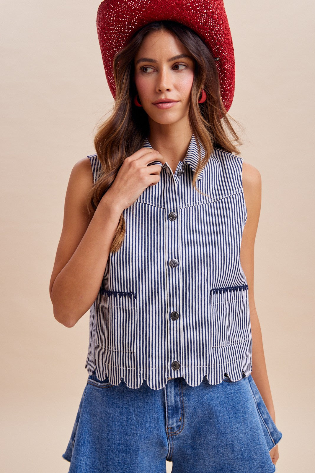 Haley Striped Scallop Vest | Blue