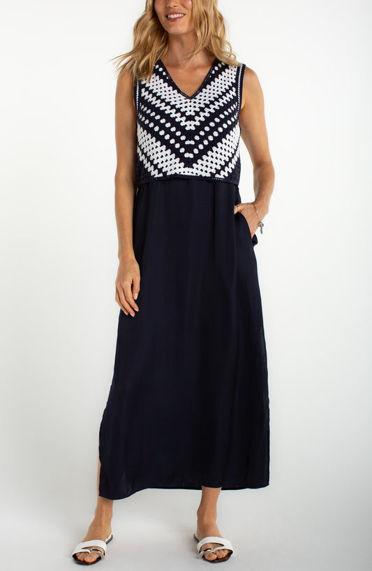 Liverpool Sleeveless V-neck Crochet Woven Dress | Navy + White
