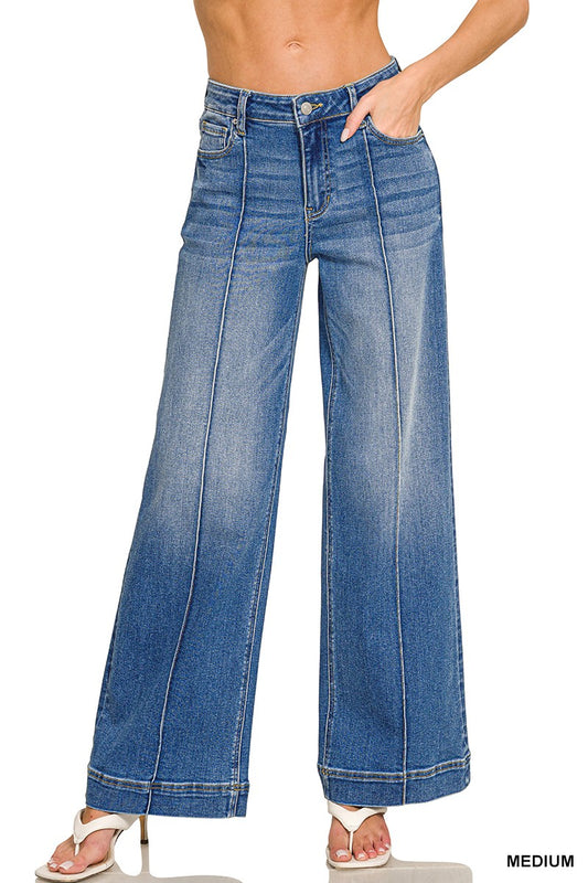 High Rise Wide Leg Pintuck Denim | Medium