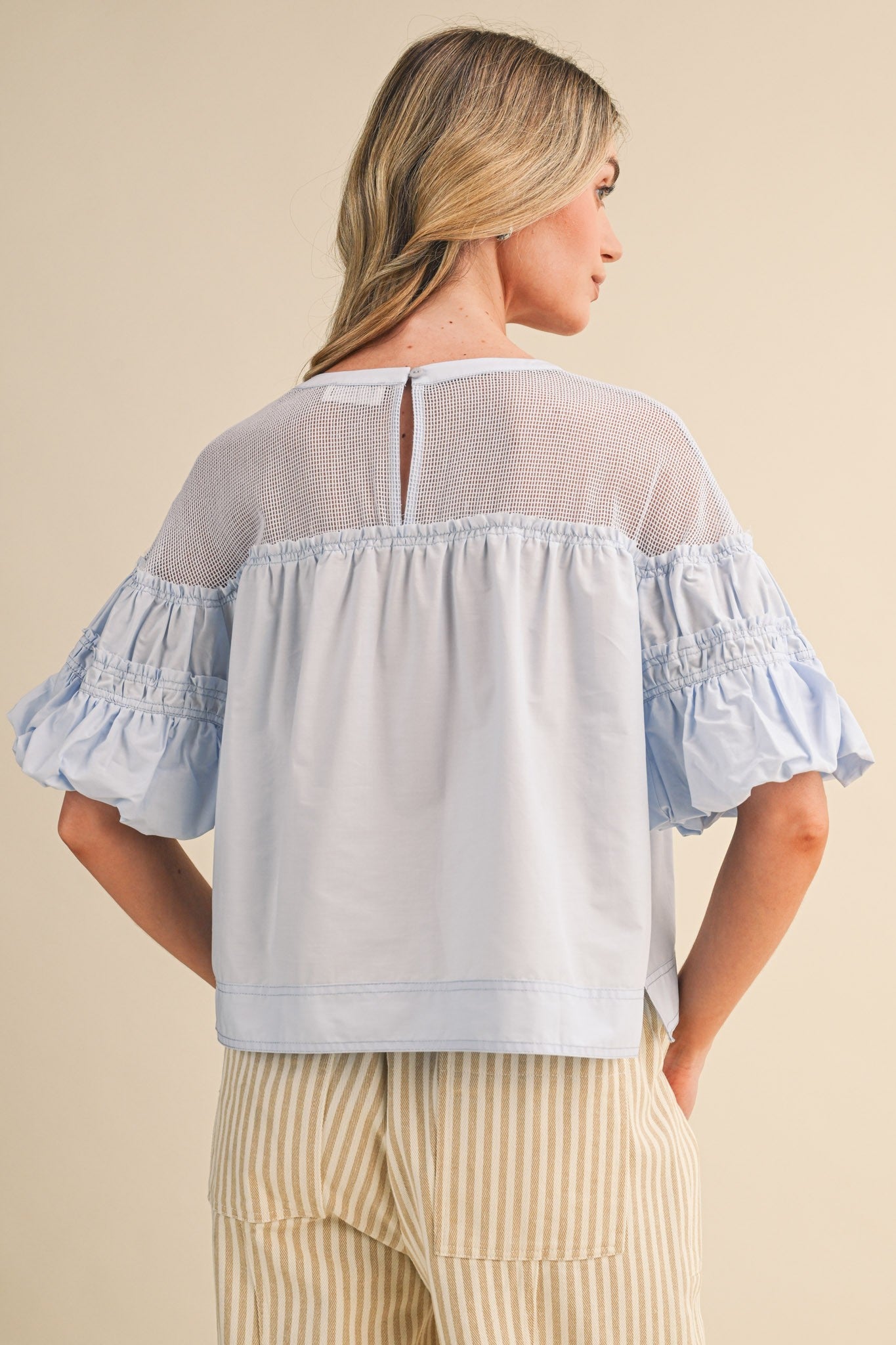 Rowan Sheer Mesh Bubble Sleeve Top | Blue