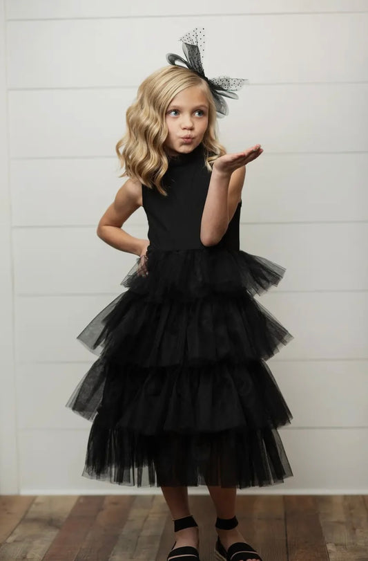 Kids Black Tiered Tulle Sleeveless Dress