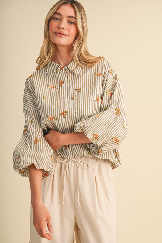 Lennon Striped Floral Embroidery Button Down