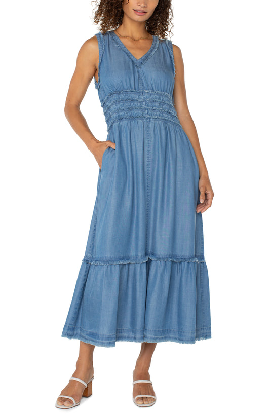 Liverpool Smocked V-Neck Fray Maxi Dress 