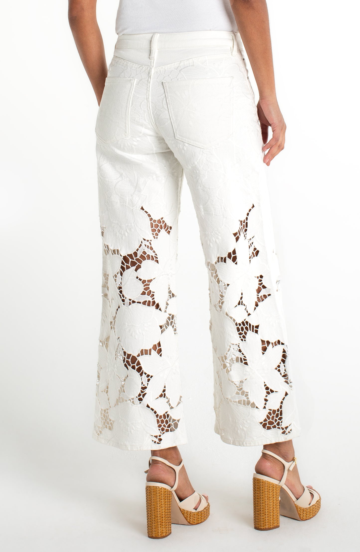 Liverpool Stride Wide Leg W/ Floral Cutwork | Ivory Bloom