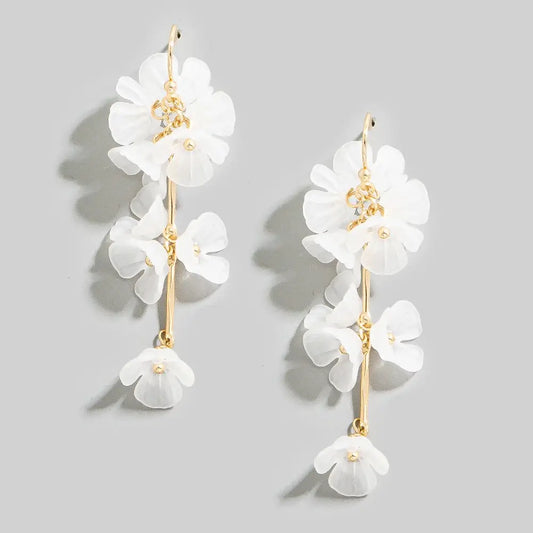 Acrylic Flower and Bars Dangle Earrings | White Gold