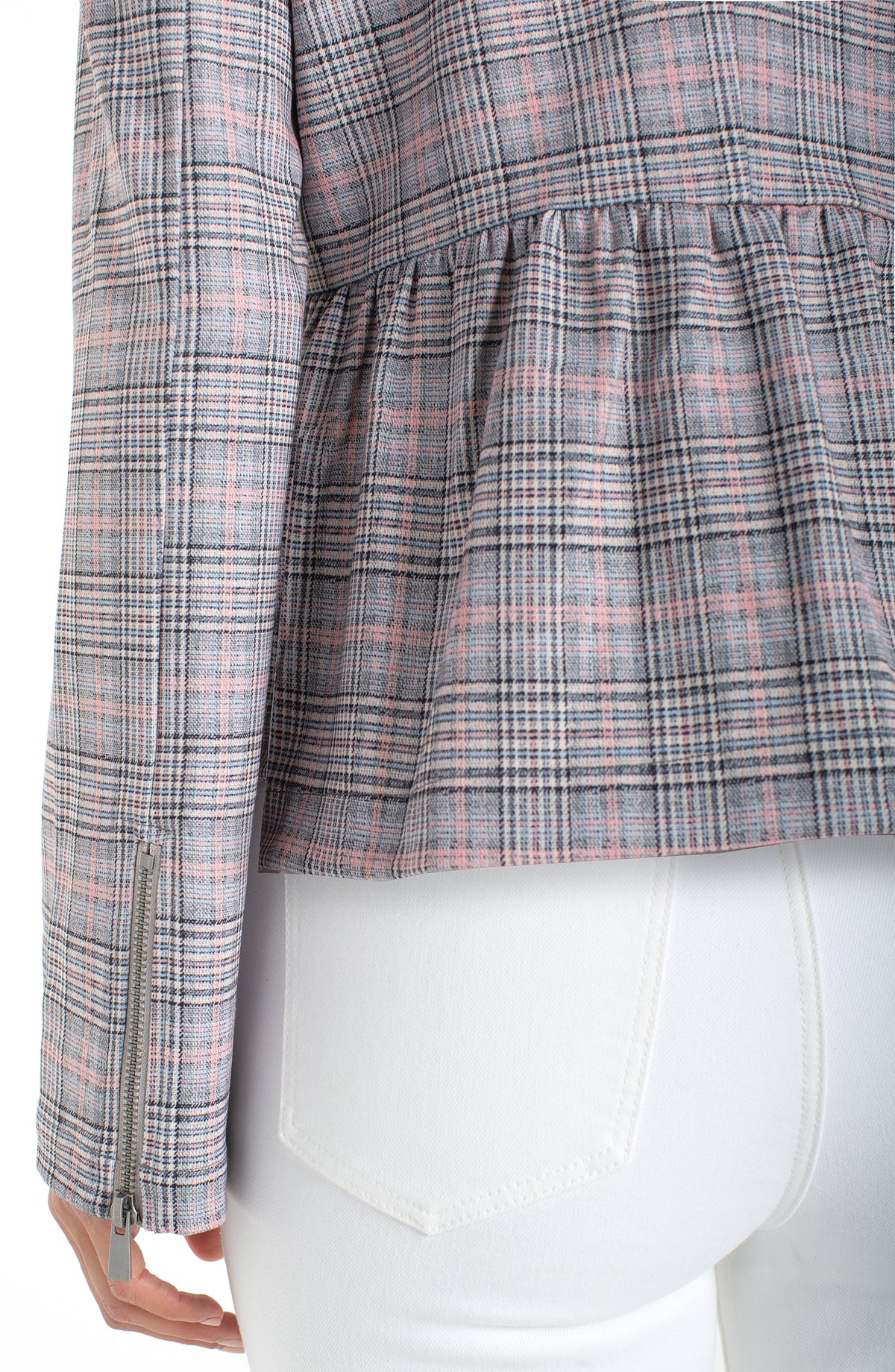 Liverpool Zip Front Peplum Jacket | Grey + Blush Plaid