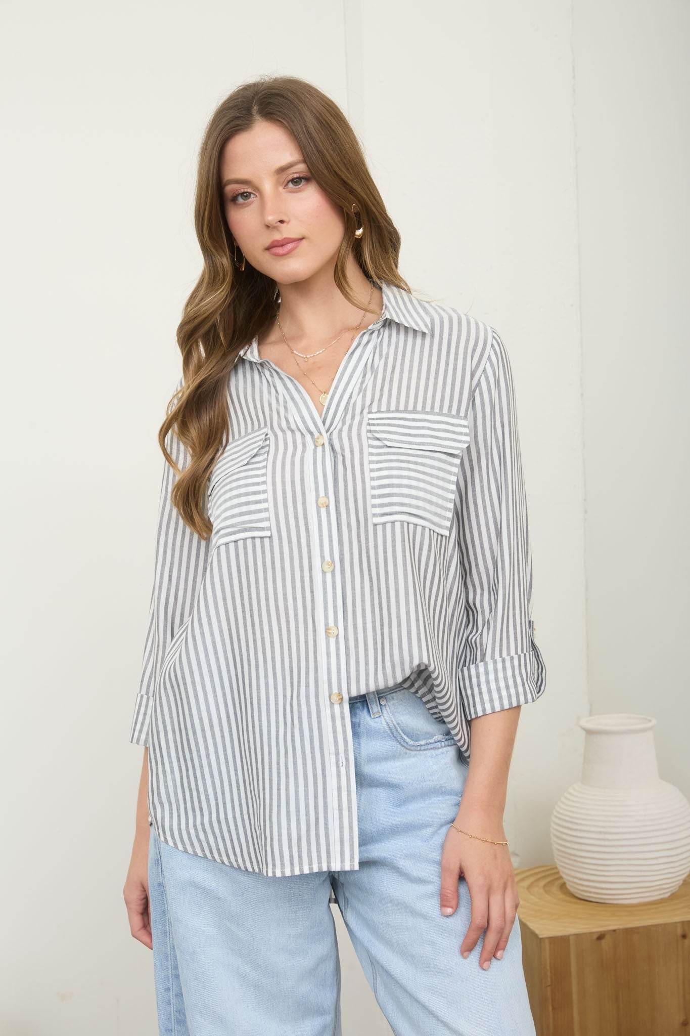 Amelia Stripe Button Down | Black