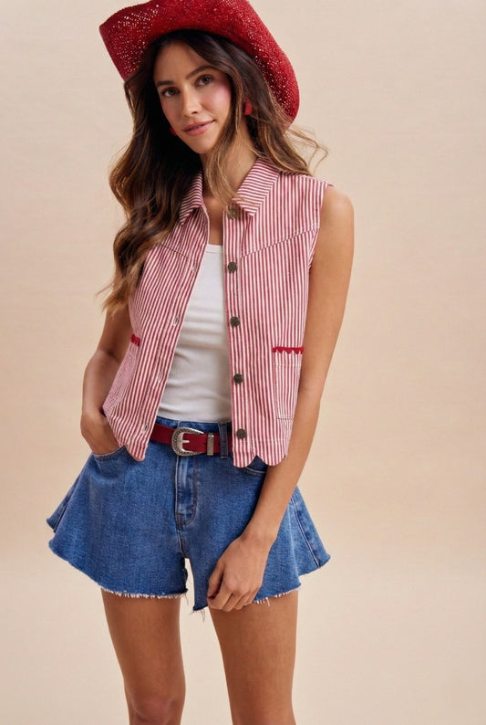 Haley Striped Scallop Vest | Red