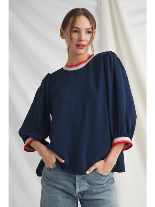 Kiera Striped Ribbing Top | Navy
