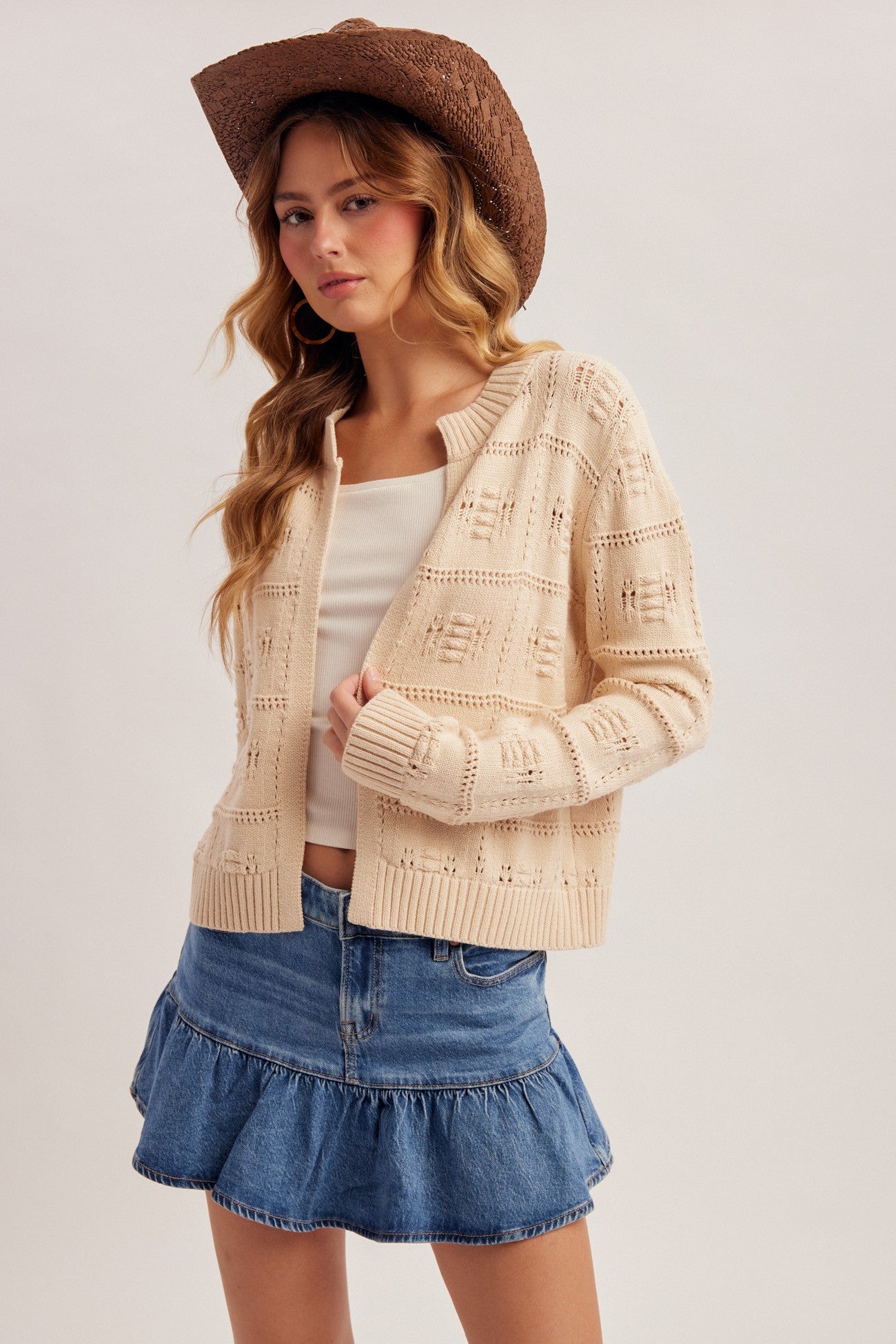 Olivia Checker Textured Open Sweater Cardigan