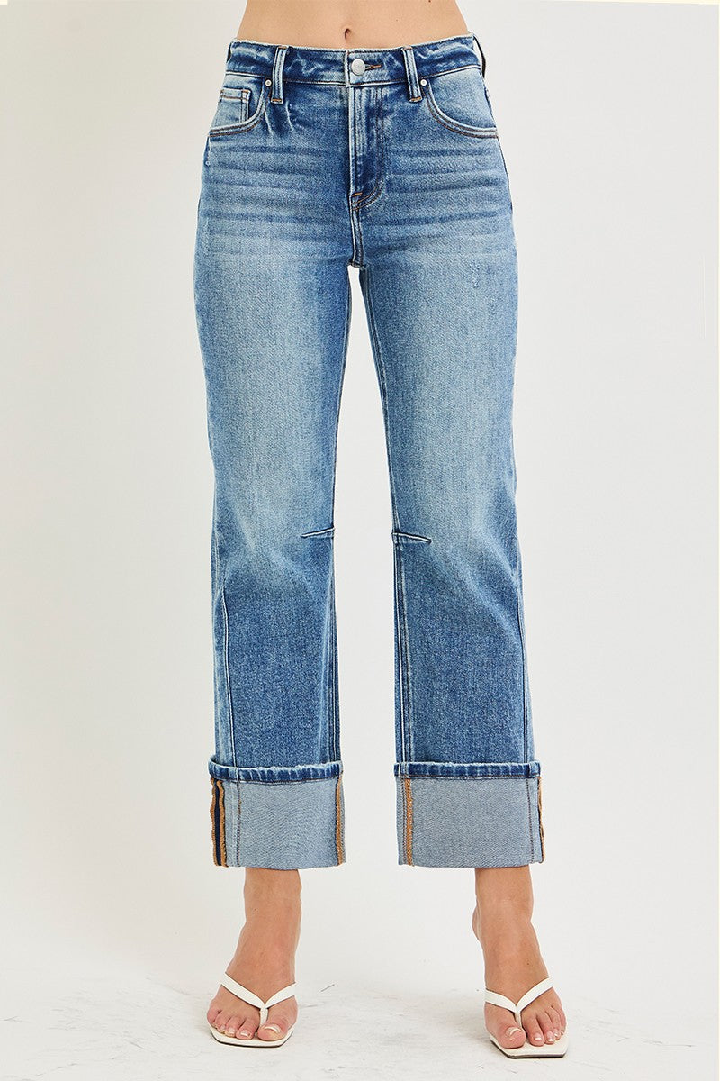 Risen High Rise Straight Cuffed Hem Jeans | Medium
