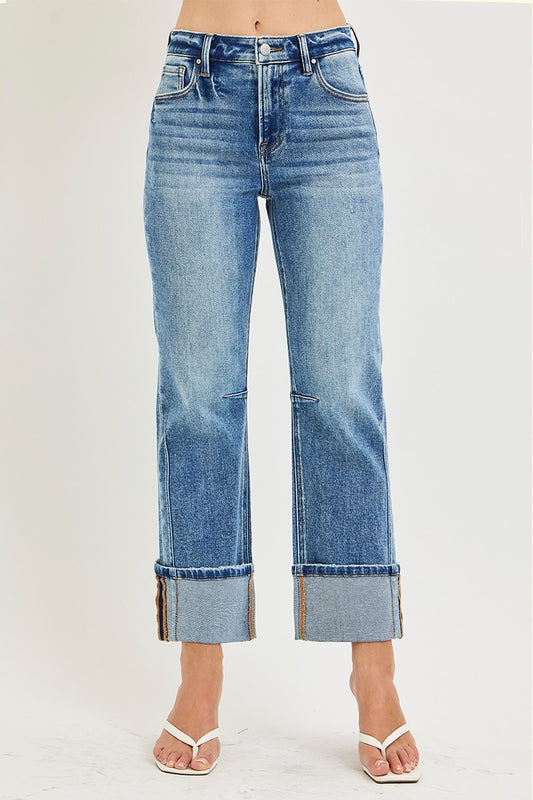 Risen High Rise Straight Cuffed Hem Jeans | Medium