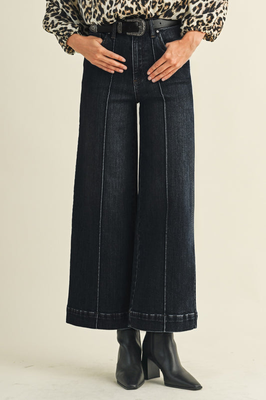 High Rise Pin Tuck Detail Wide Leg Jean | Black