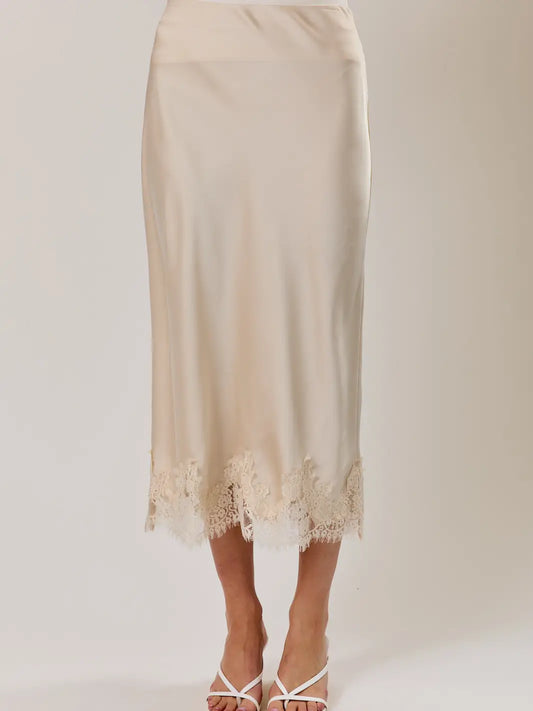Lilly Satin Lace Hem Midi Skirt | Taupe