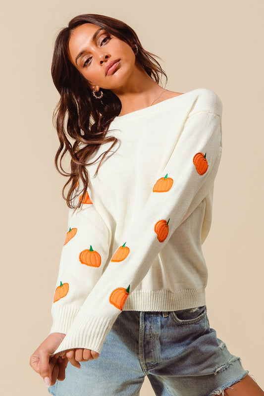 Pumpkin Appliqué Sleeve Sweater | Ivory