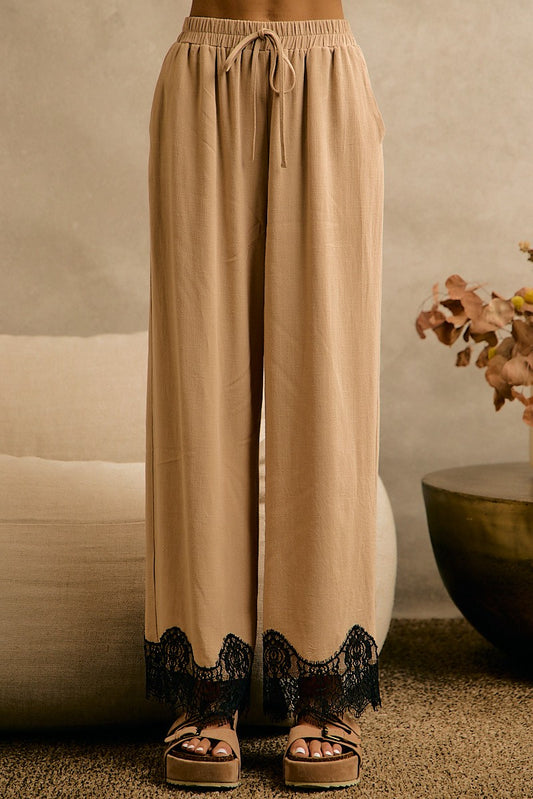 Eloise Lace Trim Pants | Beige