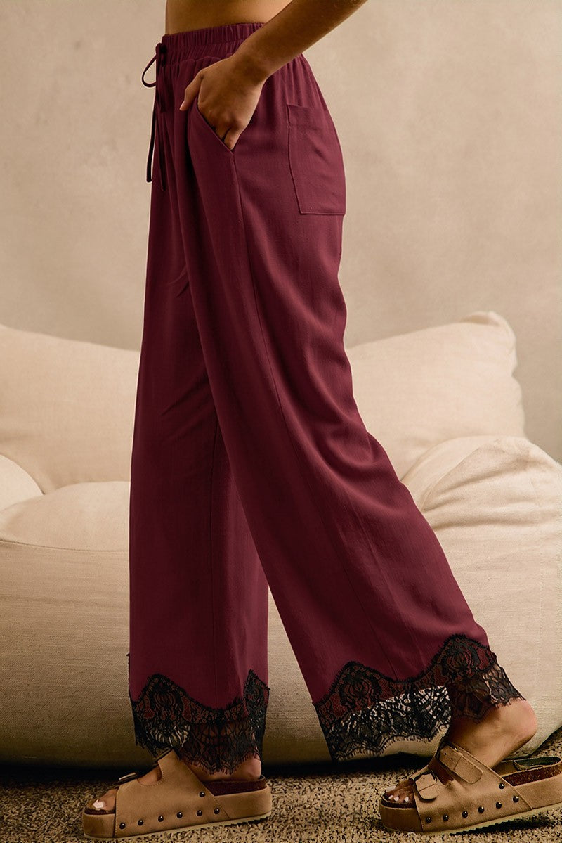 Eloise Lace Trim Pants | Wine