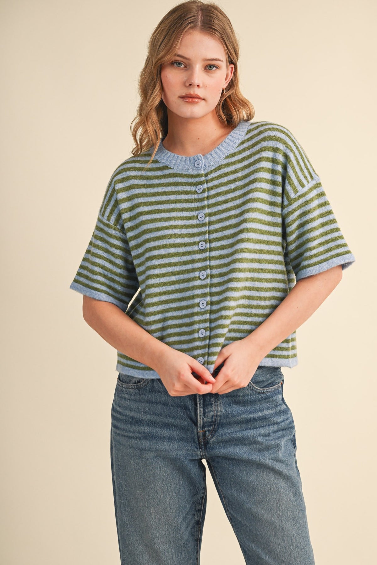 Sloane Striped Short Sleeve Cardigan | Sky Blue + Olive