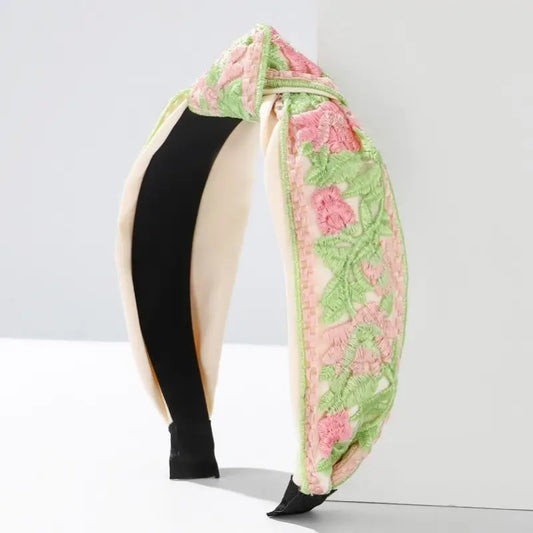 Floral Cottagecore Embroidery Hair Band Headband | Pink + Green