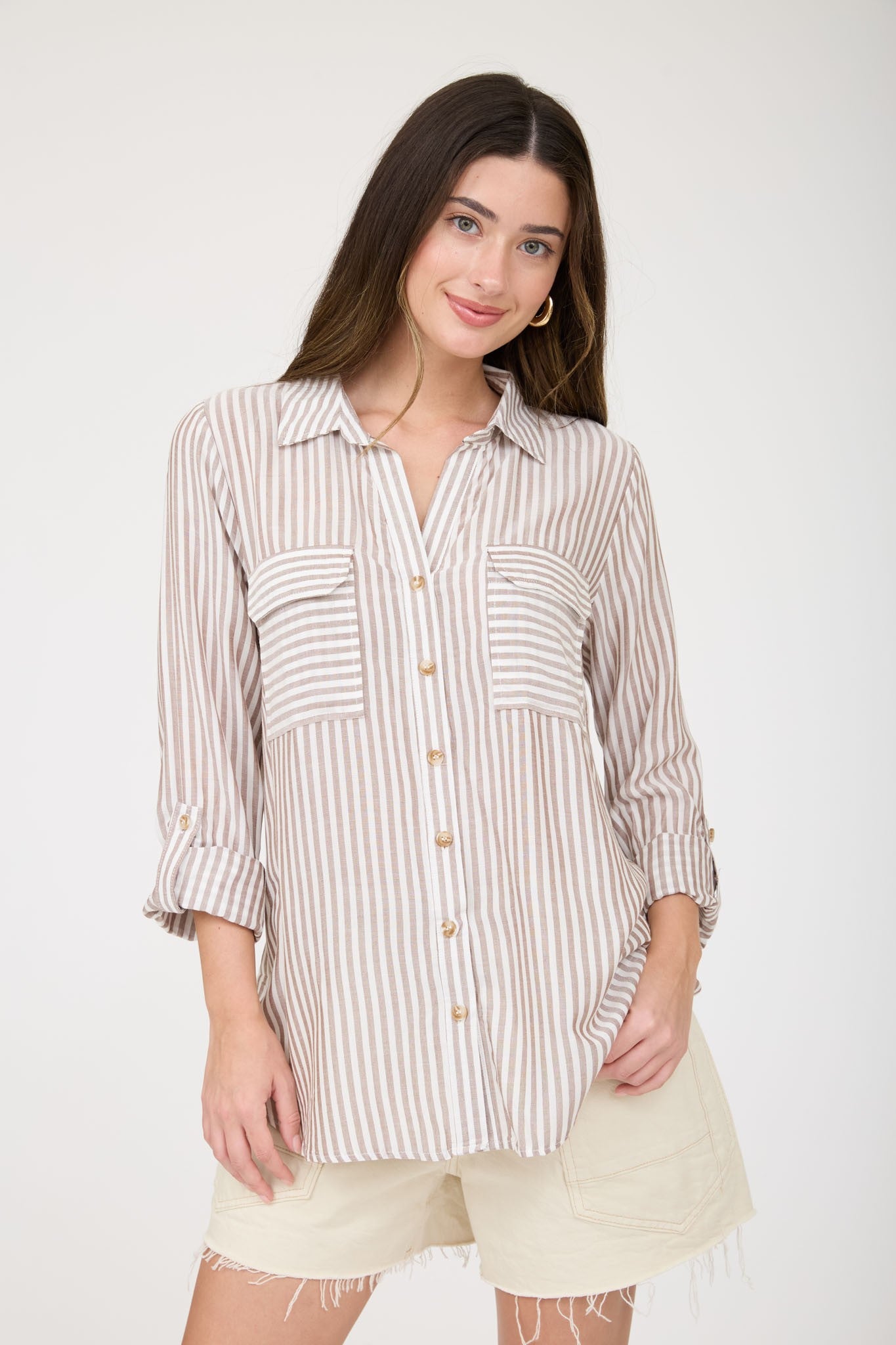 Amelia Stripe Button Down | Brown