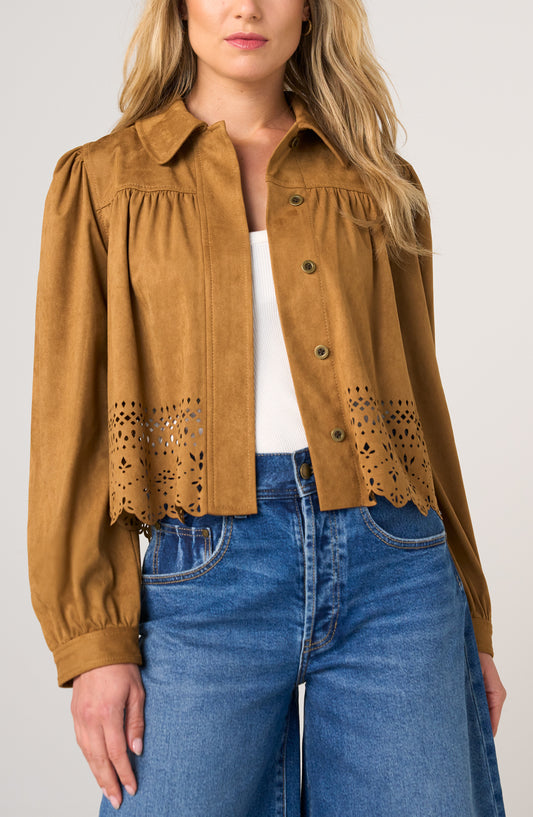 Liverpool Puff Sleeve Jacket W/ Laser Cut Hem | Caramel