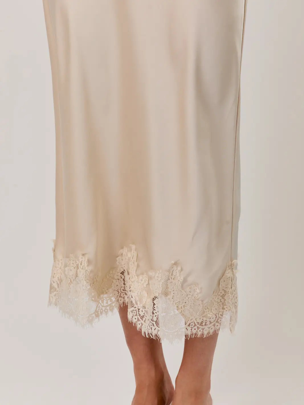 Lilly Satin Lace Hem Midi Skirt | Taupe