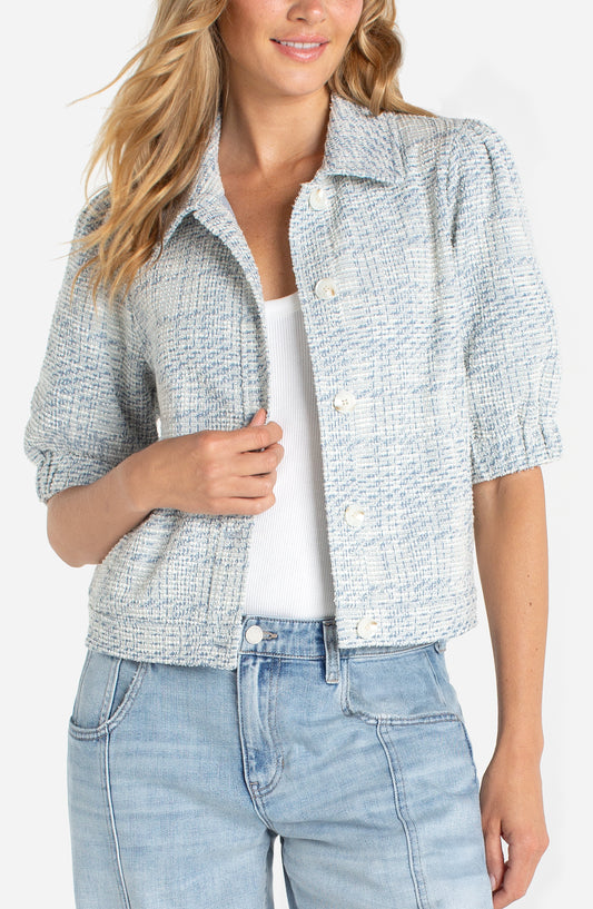 Liverpool Puff Sleeve Jacket | Cream Blue Plaid