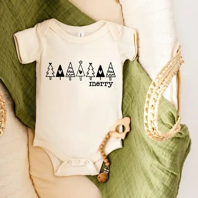 Merry Christmas Trees Short Sleeve Baby Onesie