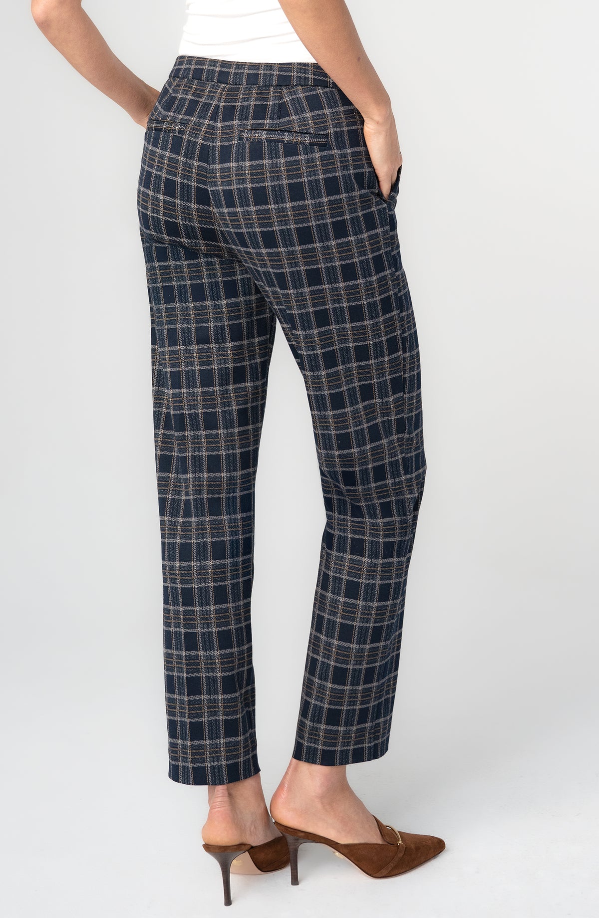 Kayla Pull-on Trouser | Navy + Tan Plaid