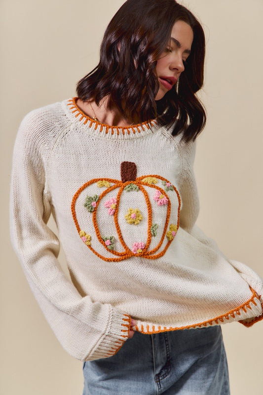 Pumpkin Floral Embroidered Sweater