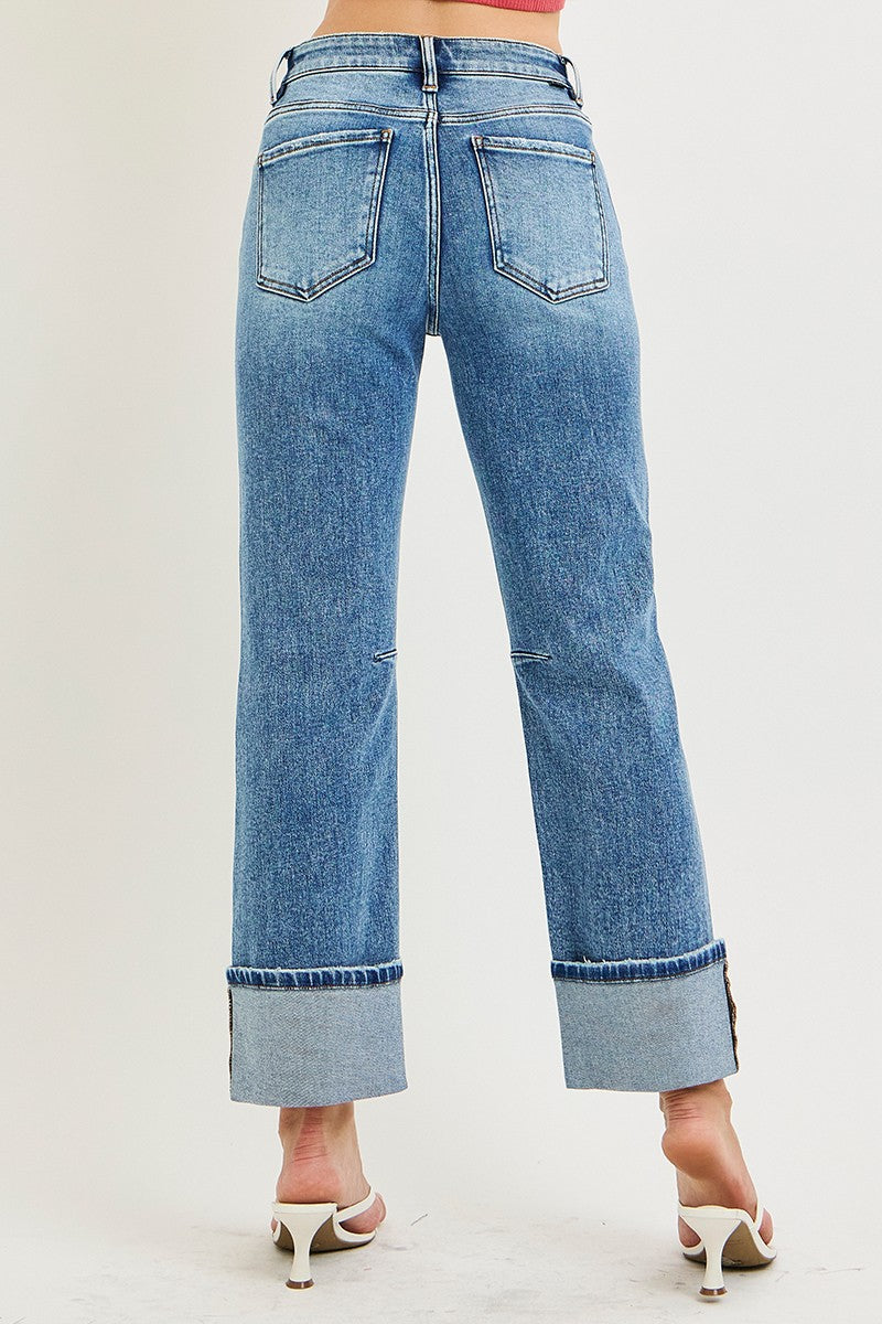 Risen High Rise Straight Cuffed Hem Jeans | Medium