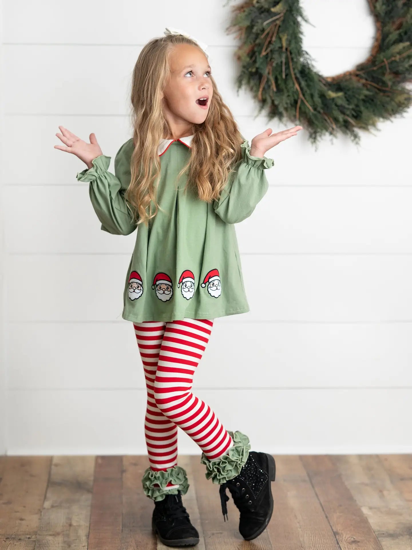 Kids Christmas Candy Cane Stripe Santa Ruffle Legging Set