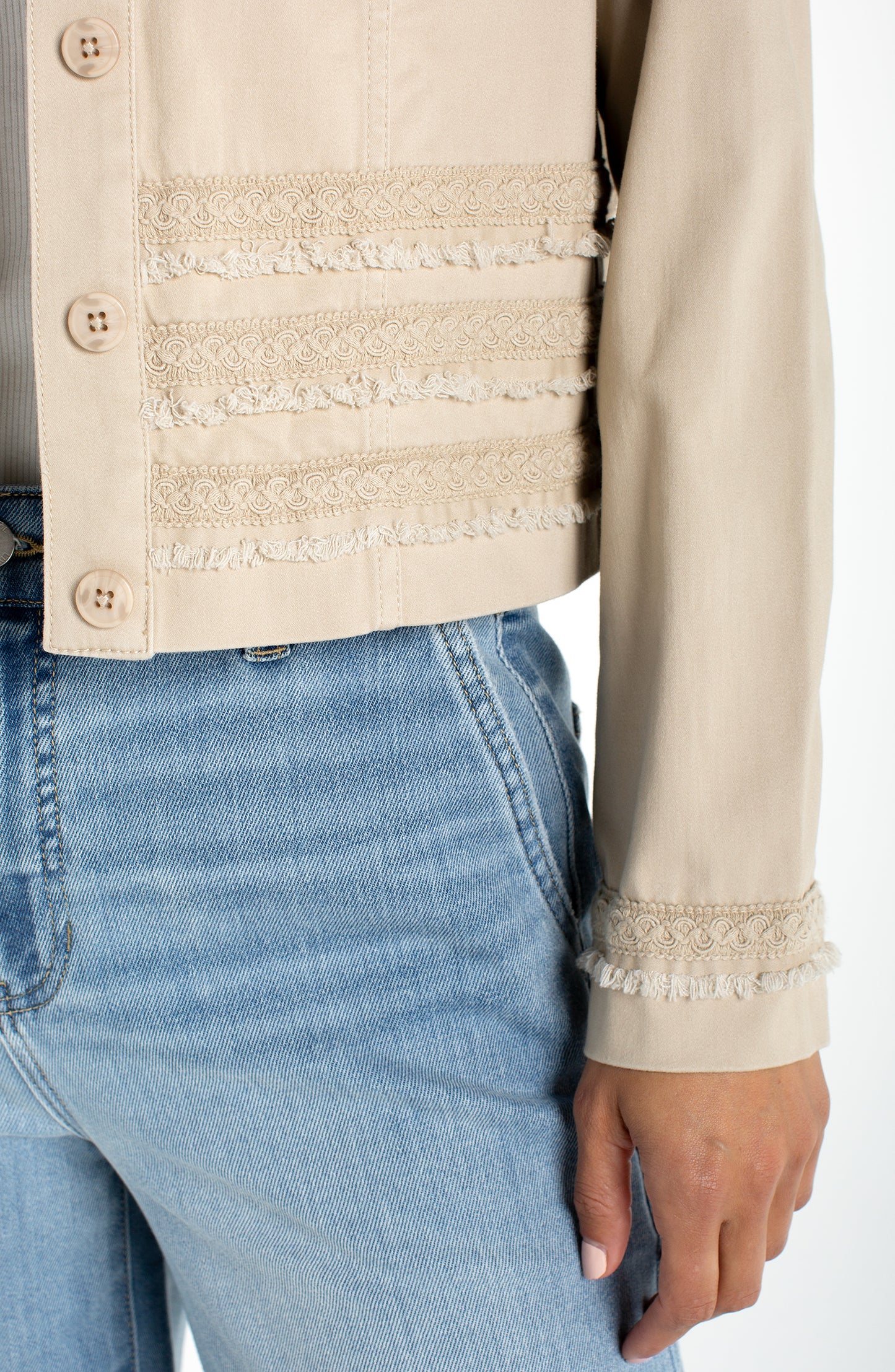 Liverpool Collarless Jacket With Fray + Lace | Safari Sand