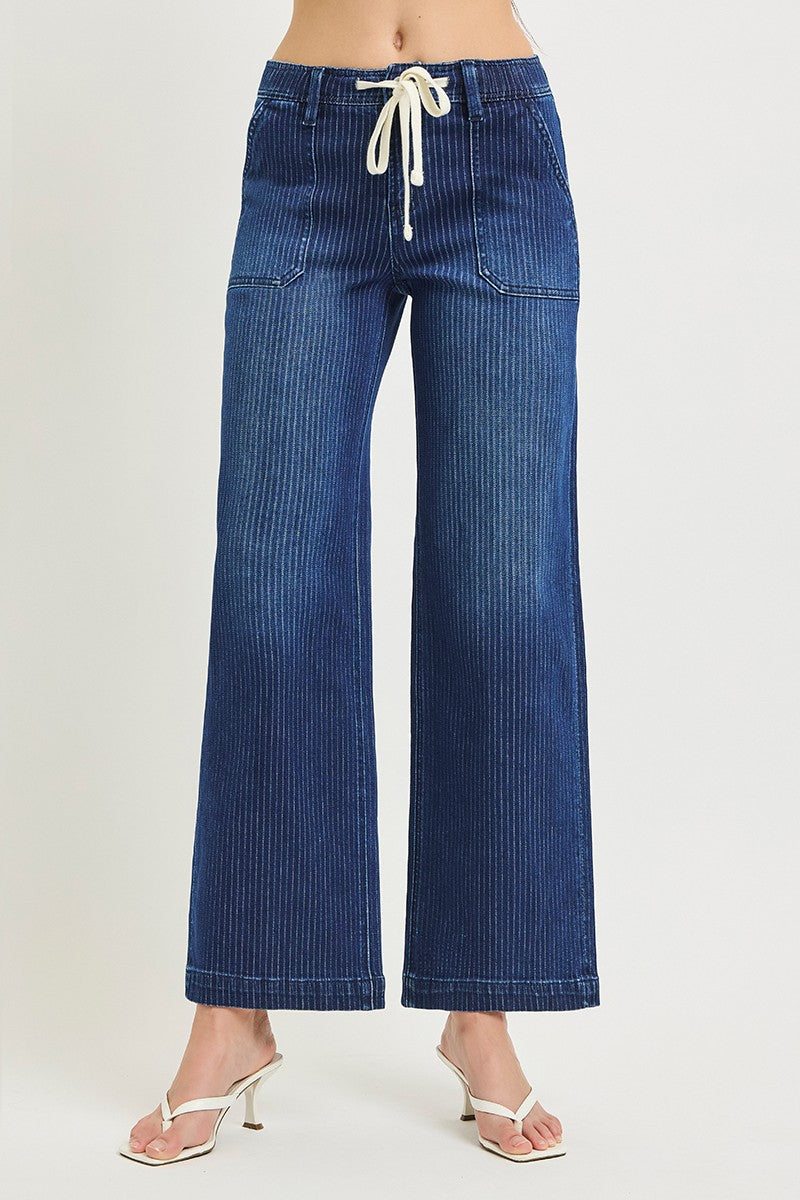 Risen Pinstripe Elastic Drawstring Waist Jeans | Dark