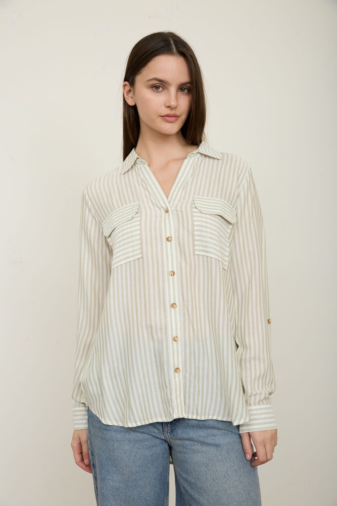 Amelia Stripe Button Down | Lt. Olive