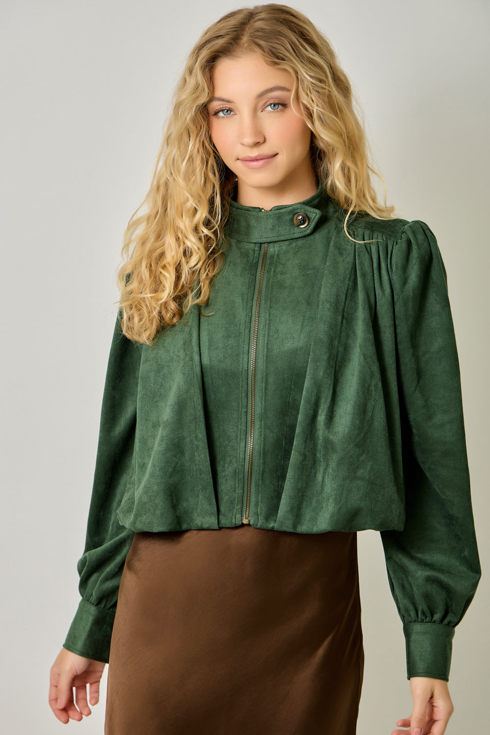 Diana Suede Gathered Blouson Jacket | Green