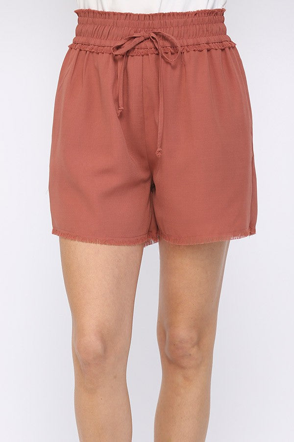 Textured Woven and Frayed Detail Shorts | Marsala