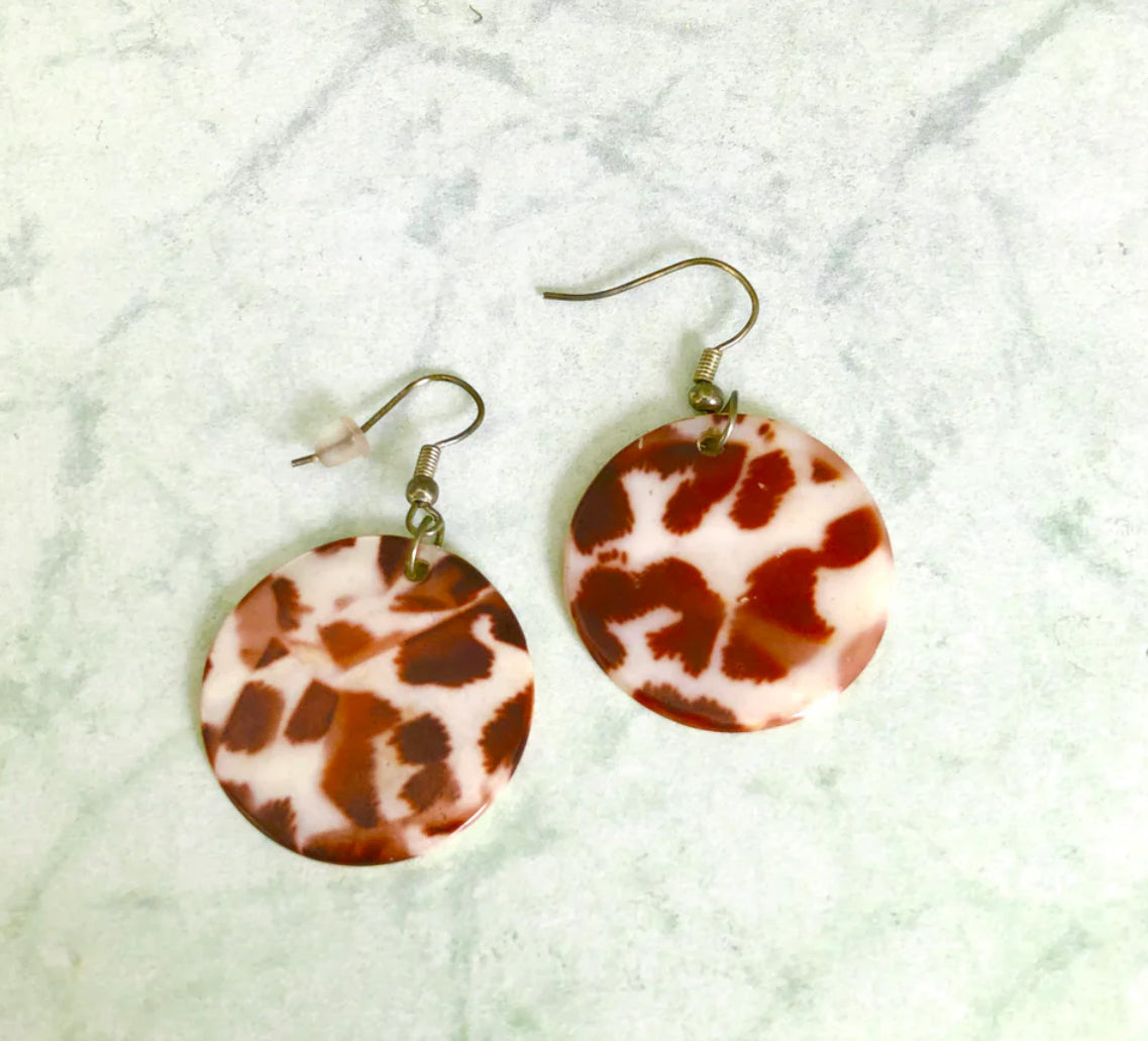 Shell Disk Earring | Auburn + White Animal Print