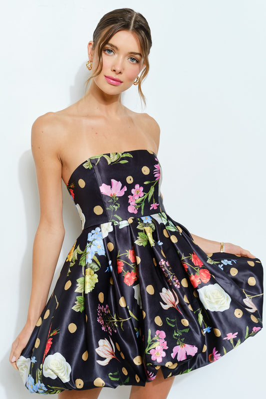 Lindsey Floral Dot Print Strapless Dress
