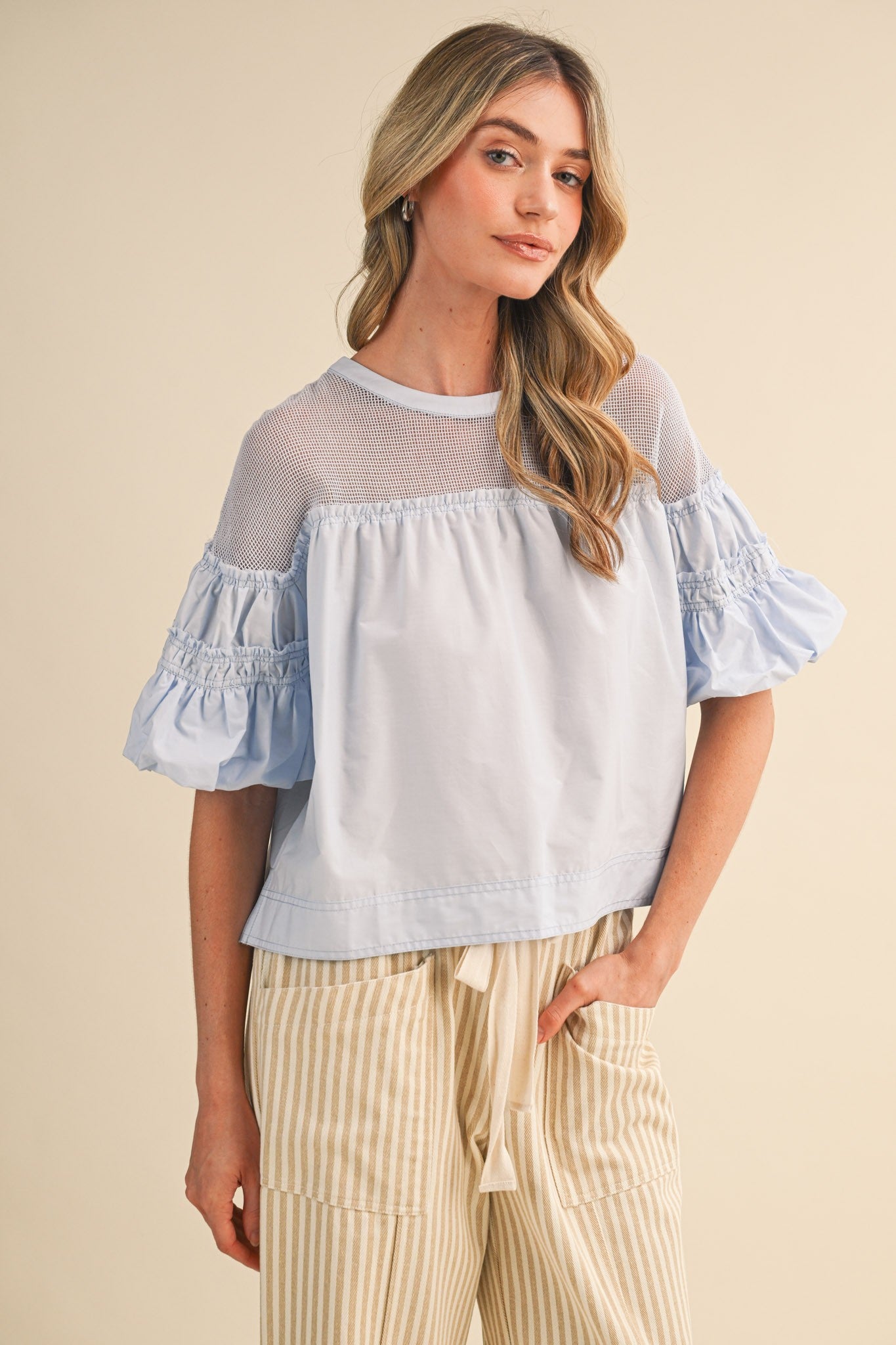Rowan Sheer Mesh Bubble Sleeve Top | Blue
