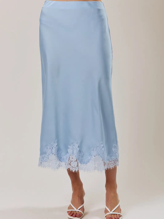Lilly Satin Lace Hem Midi Skirt | Blue