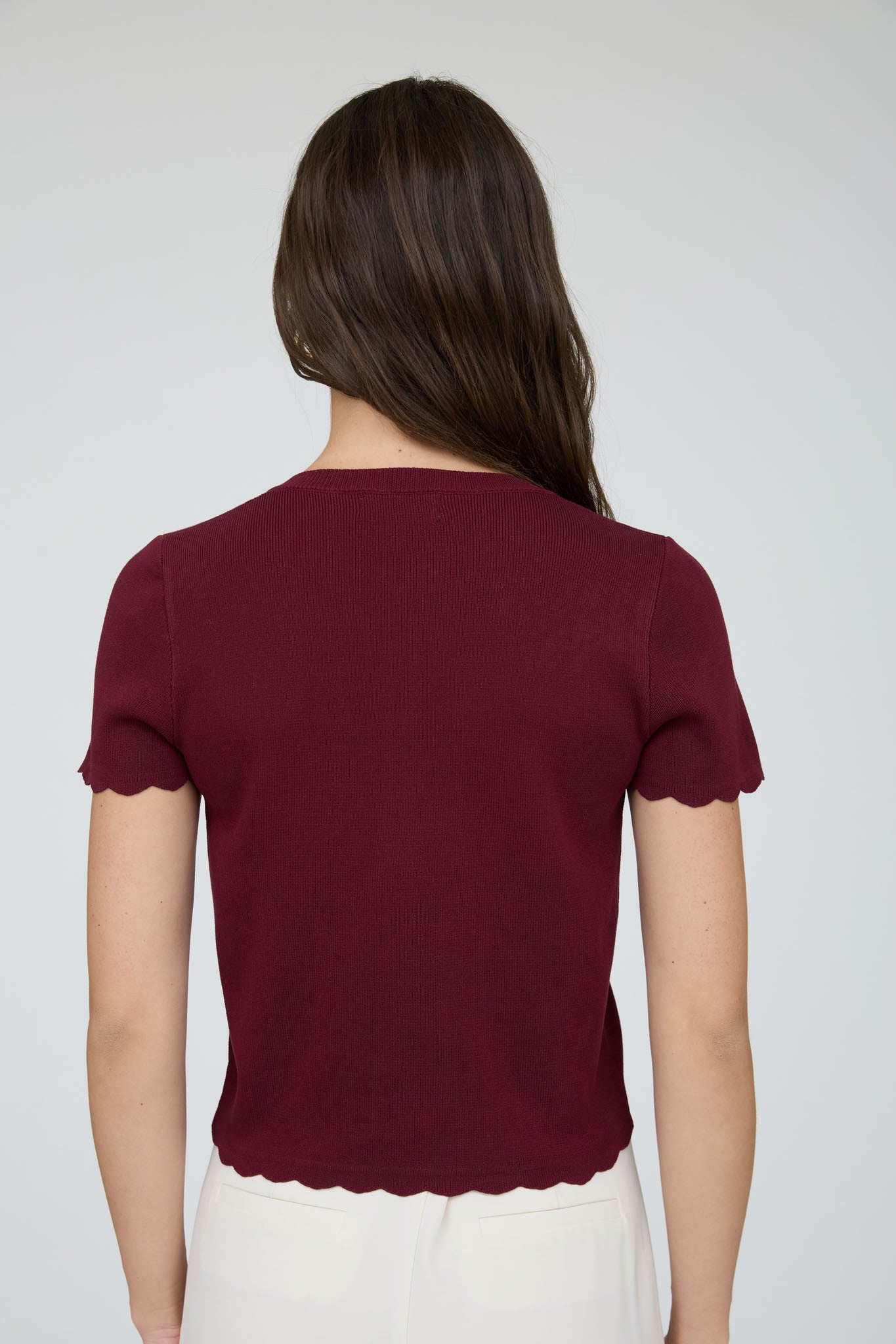 Ayla Scalloped Short Sleeve Cardigan | Burgundy