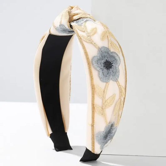 Floral Cottagecore Embroidery Hair Band Headband | Blue + Beige