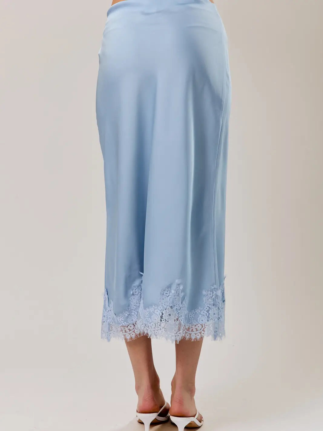 Lilly Satin Lace Hem Midi Skirt | Blue