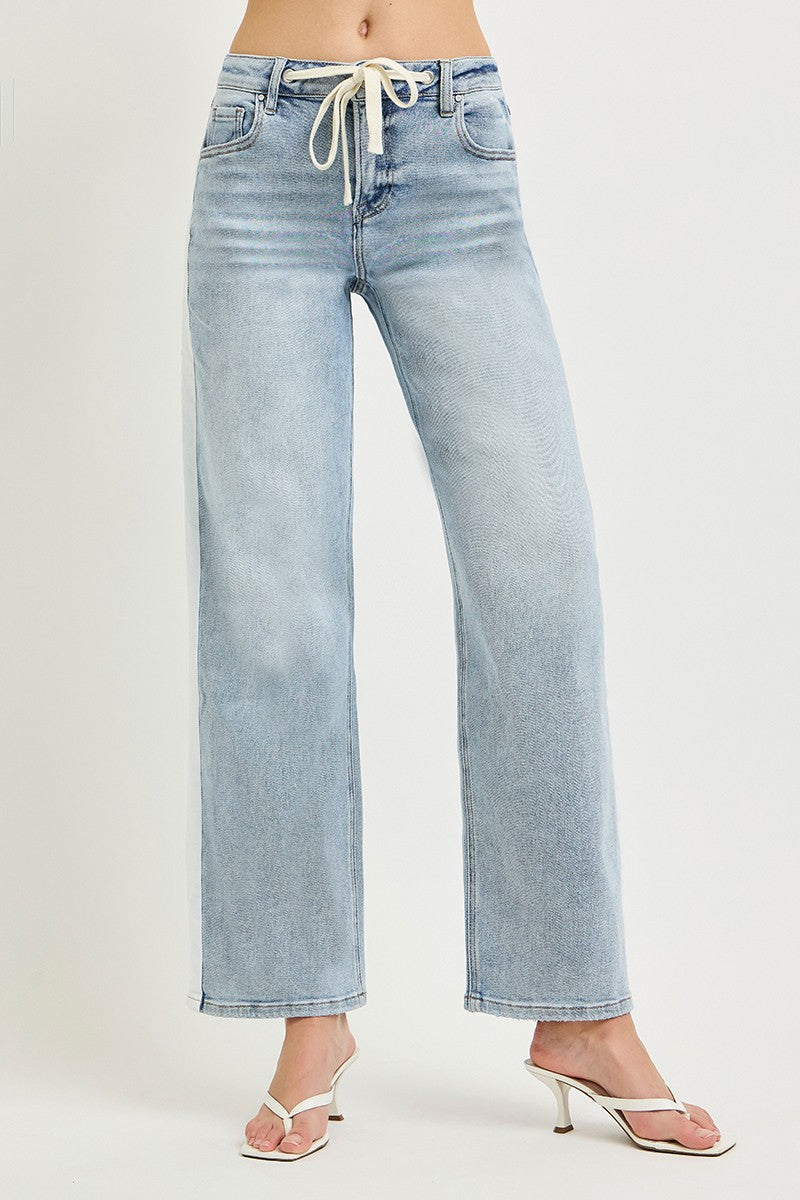 Risen Drawstring Waistband And Side Contrast Strap Denim