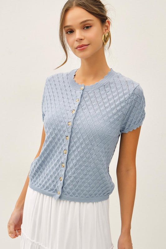 Jessica Pointelle Stitch Cardigan | Dusty Blue