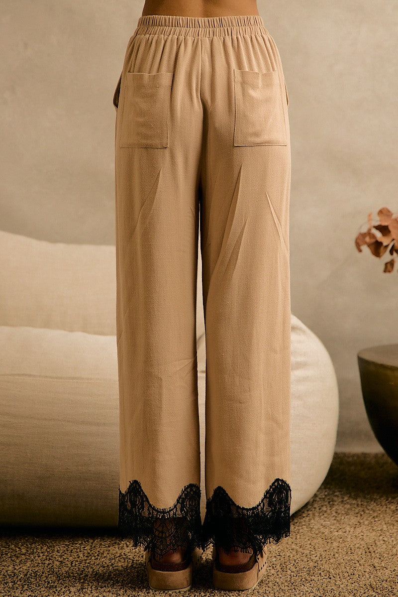 Eloise Lace Trim Pants | Beige