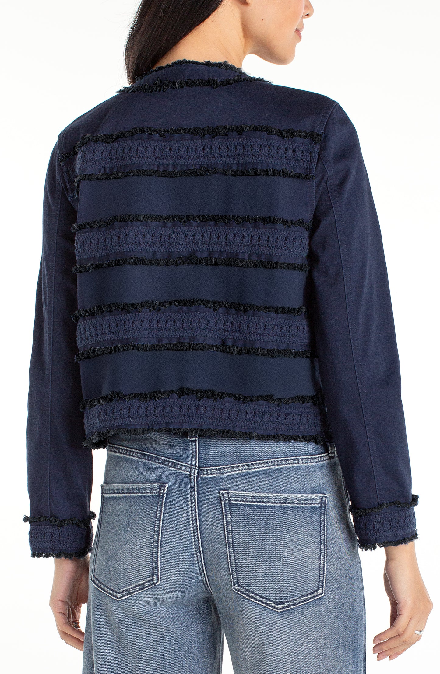 Liverpool Collarless Jacket W/ Fray + Lace | Navy