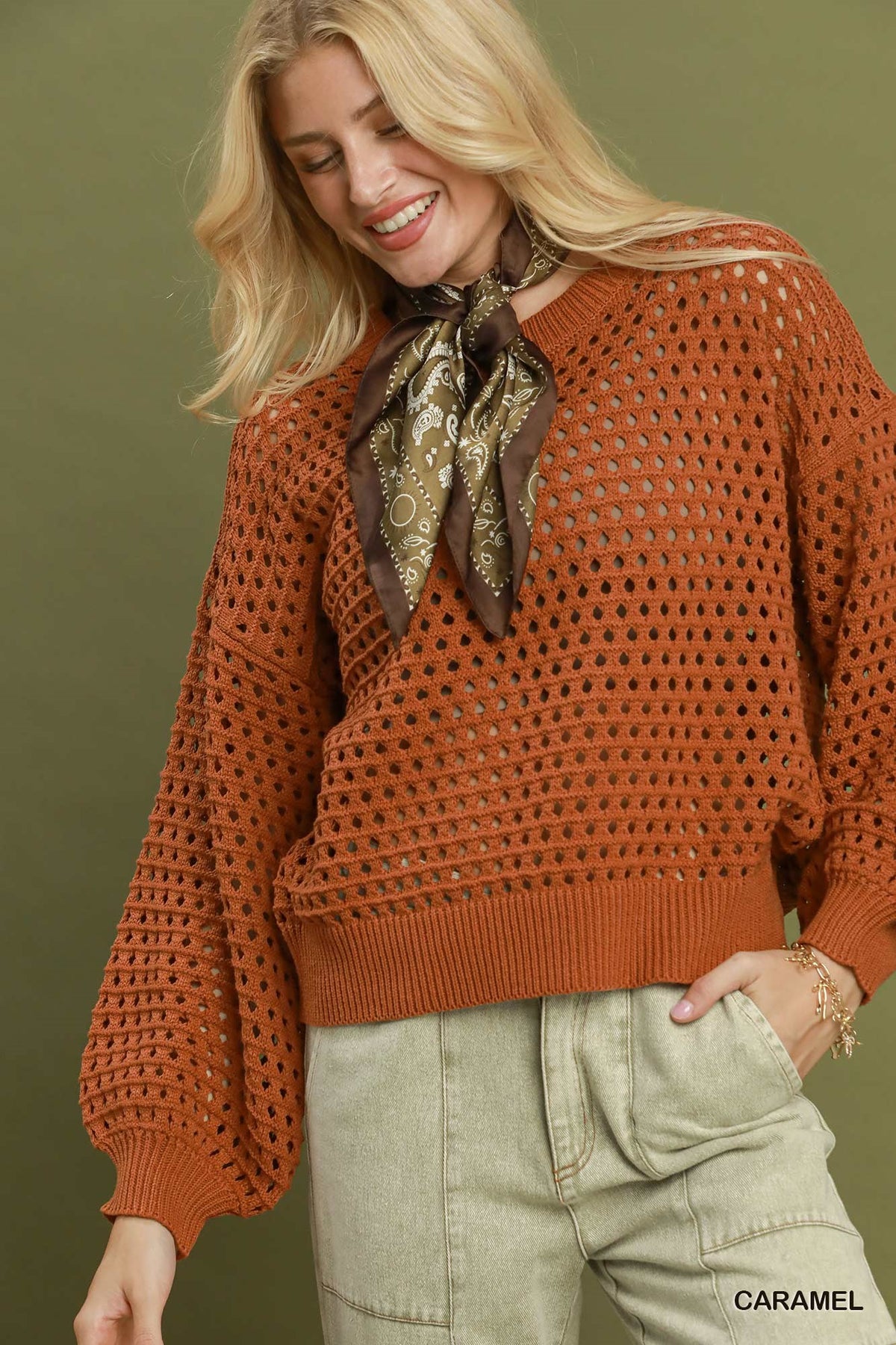 Gabby Open Knit Crochet Pullover Sweater  | Caramel