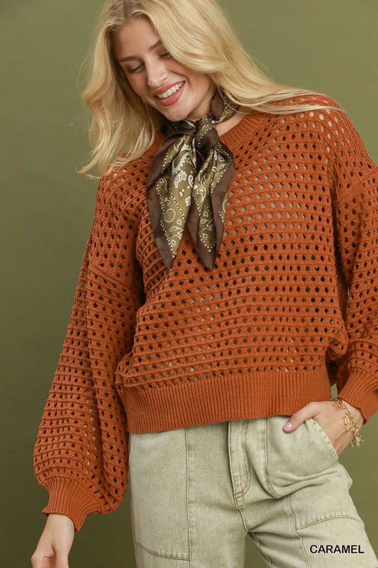 Gabby Open Knit Crochet Pullover Sweater  | Caramel